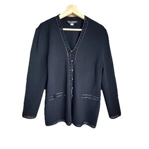St John Evening Marie Gray Cardigan 8 Black Santana Knit Embellished Rhinestone